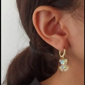 Holographic Teddy bear huggie hoop drop earrings. New.